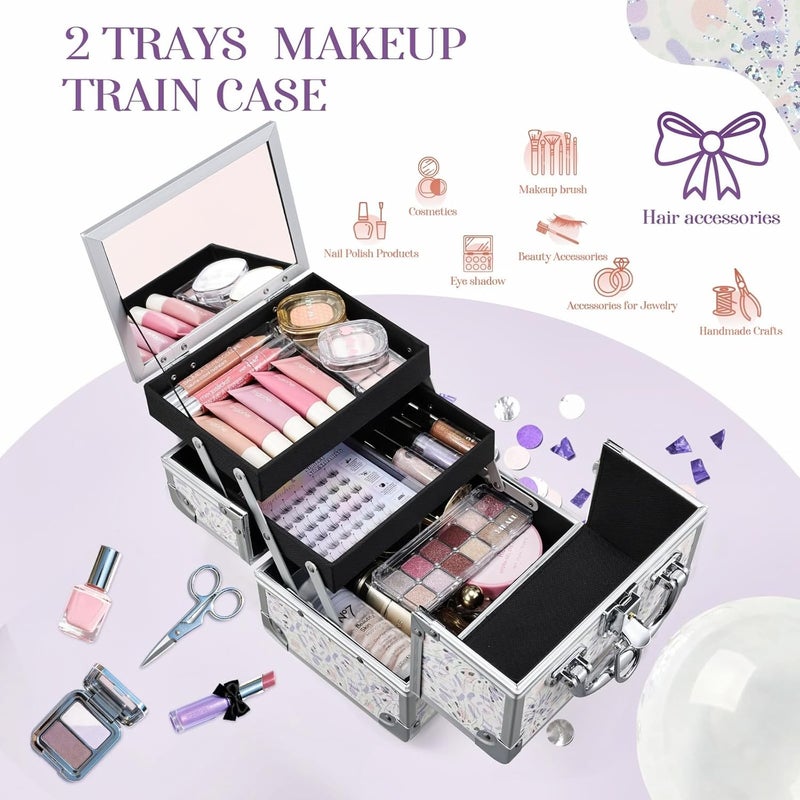 Joligrace Makeup Case for Girls Cosmetic Train Case Makeup Storage Box Jewelry Organizer Hair Accessories Lockable with Trays & Mirror Purple - Image 3