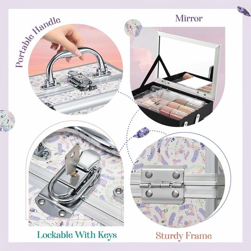Joligrace Makeup Case for Girls Cosmetic Train Case Makeup Storage Box Jewelry Organizer Hair Accessories Lockable with Trays & Mirror Purple - Image 4