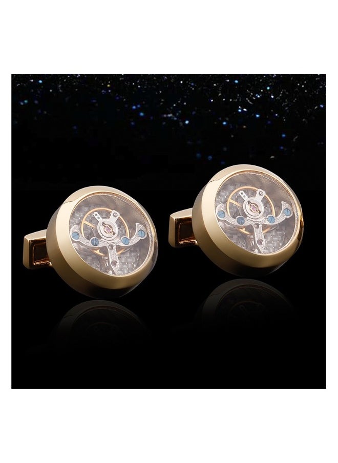 Beauenty - Turn the clock tourbillon movement cufflinks men's French diamond-encrusted carved balance wheel turn cufflinks button gold. - Image 1