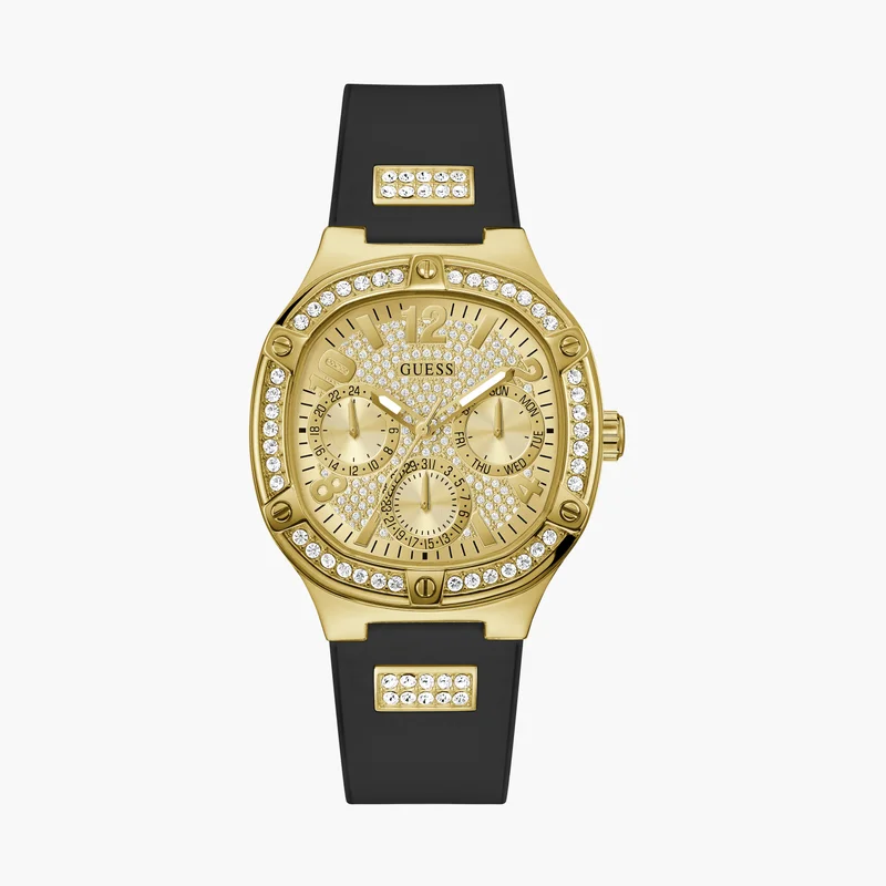 جس Gold Chronograph Watch with Black Strap for Women