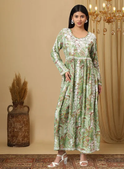الايا جلابية قطنية مطبوعة مطرزة يدويًا من لاكناوي شيكانكاري-AL3936