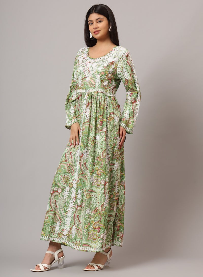 الايا جلابية مطبوعة من قطن المولمول بتطريز لوكنوي شيكانكاري يدوي - Image 3