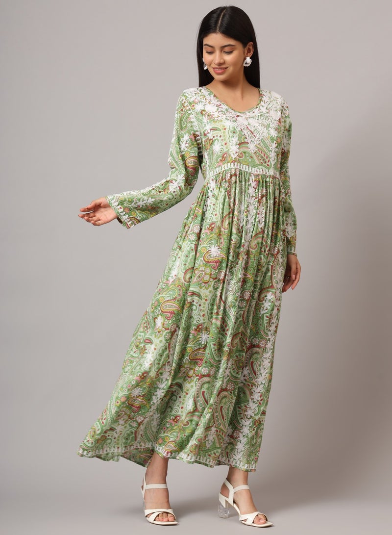 الايا جلابية مطبوعة من قطن المولمول بتطريز لوكنوي شيكانكاري يدوي - Image 4