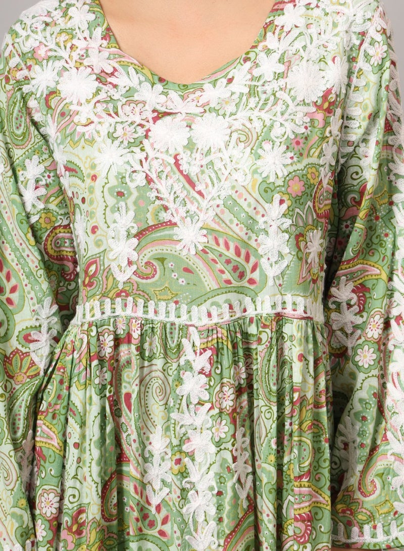 الايا جلابية مطبوعة من قطن المولمول بتطريز لوكنوي شيكانكاري يدوي - Image 5