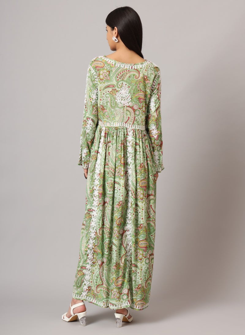 الايا جلابية مطبوعة من قطن المولمول بتطريز لوكنوي شيكانكاري يدوي - Image 2