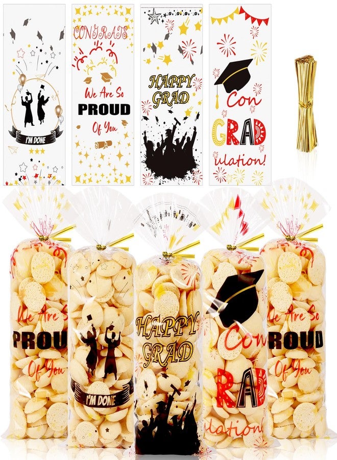 Konsait 100Pcs Graduation Cellophane Bags with Gold Ties, 4 Designs Clear Treat Bags for Graduation Party Favors - Image 1