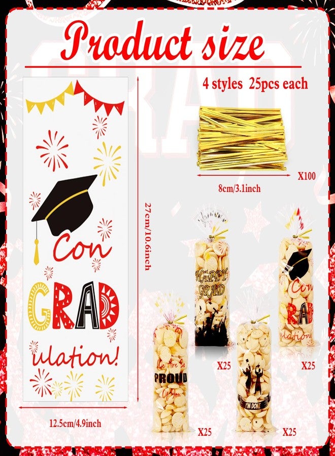 Konsait 100Pcs Graduation Cellophane Bags with Gold Ties, 4 Designs Clear Treat Bags for Graduation Party Favors - Image 2