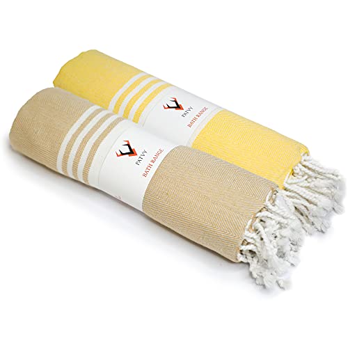 PATVY Bath Towels| Light Weight Turkish Style Bath Towels For Men Large Size Cotton|75 X 150Cm Quick Absorption &Faster Drying Bath Towel For Women| 100% Cotton (Pack Of 2, Yellow & Beige), 90 TC - Image 1