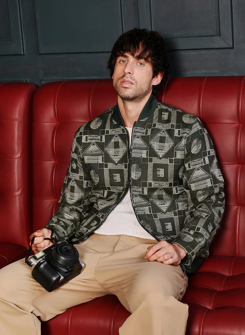 Campus Sutra Men Geometric-Jacquard Bomber Jacket | Baseball Collar, Long Ribbed Cuff Sleeves | Zipper , Ribbed-Straight Hem | Geometric Jacquard | Woven Fabric For Casual & Daily Wear | Dark Olive