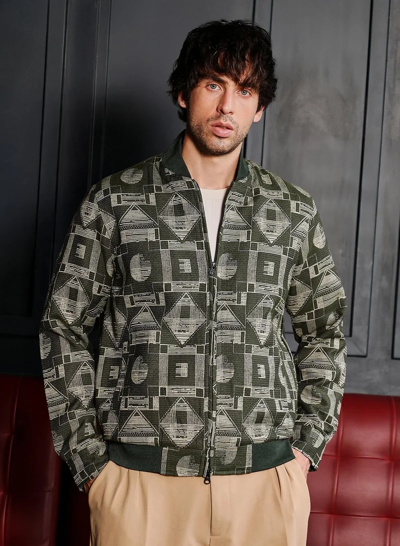 Campus Sutra Men Geometric-Jacquard Bomber Jacket | Baseball Collar, Long Ribbed Cuff Sleeves | Zipper , Ribbed-Straight Hem | Geometric Jacquard | Woven Fabric For Casual & Daily Wear | Dark Olive