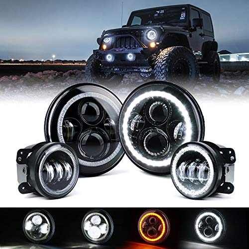 Xprite 7 inch 90W LED Headlights 4 inch 60W Fog Lights Combo wWhite Halo Lights Compatible with 20072018 Jeep Wrangler JK DOT Approved