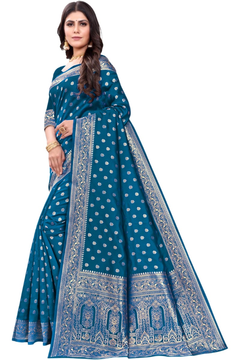C J Enterprise Women's Pure Kanjivaram Silk Saree Banarasi Soft Sari With Blouse Piece For Wedding (Pari124-50) (Peacock-Blue) - Image 3