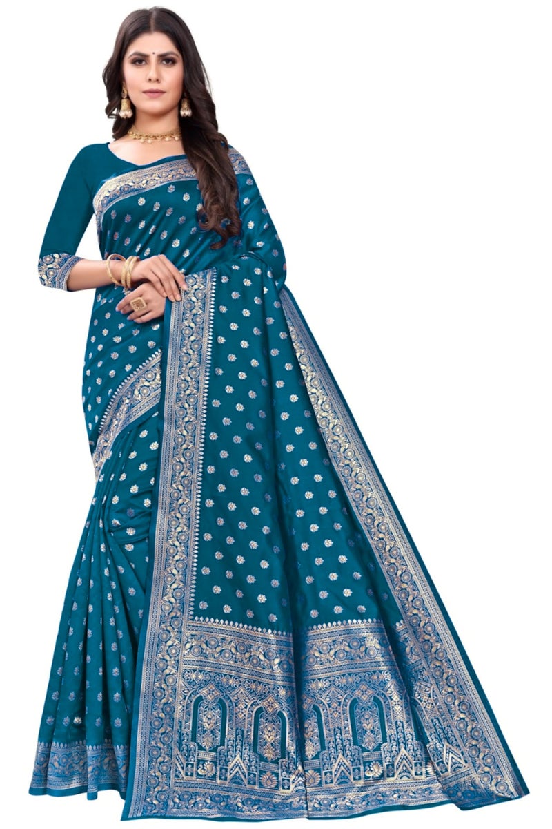 C J Enterprise Women's Pure Kanjivaram Silk Saree Banarasi Soft Sari With Blouse Piece For Wedding (Pari124-50) (Peacock-Blue) - Image 1
