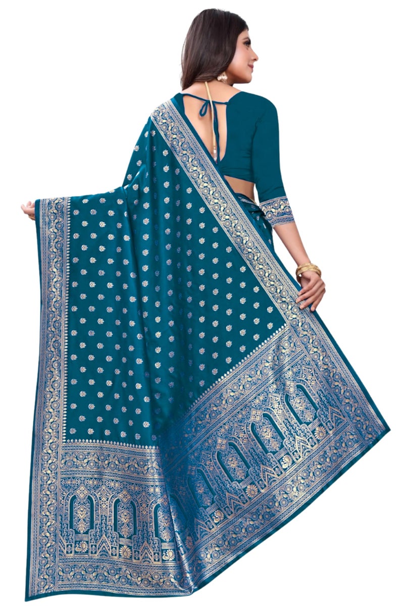C J Enterprise Women's Pure Kanjivaram Silk Saree Banarasi Soft Sari With Blouse Piece For Wedding (Pari124-50) (Peacock-Blue) - Image 2