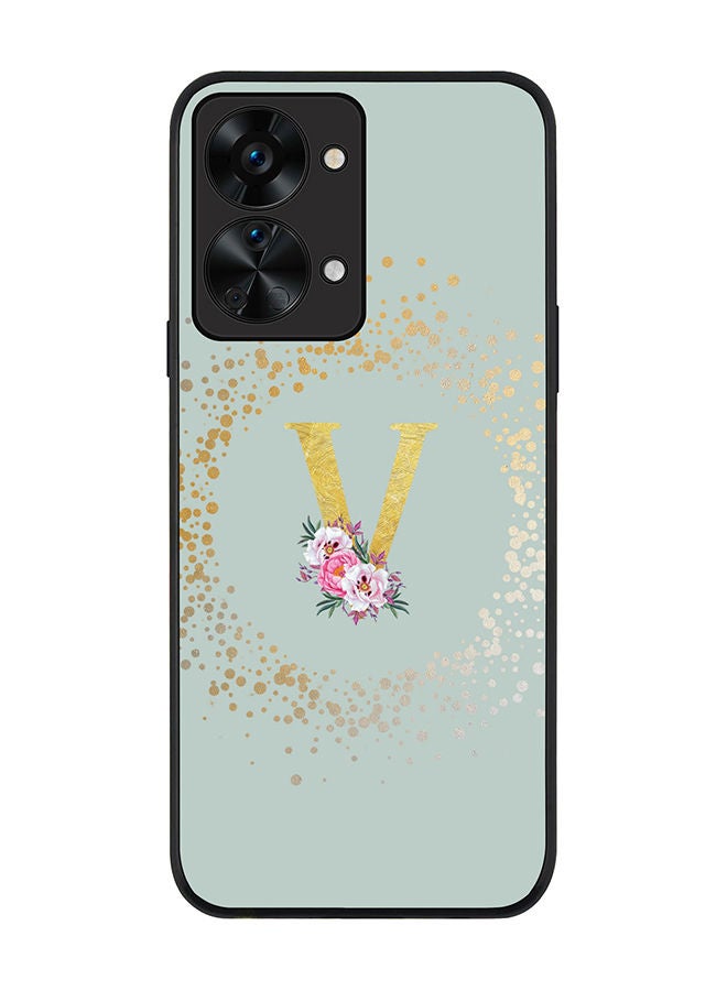 Stylizedd Rugged Black edge case for OnePlus Nord 2T Slim fit Soft Case Flexible Rubber Edges TPU Gel Thin Cover - Custom Monogram Initial Letter Floral Pattern Alphabet - V (Light Grey) - Image 1