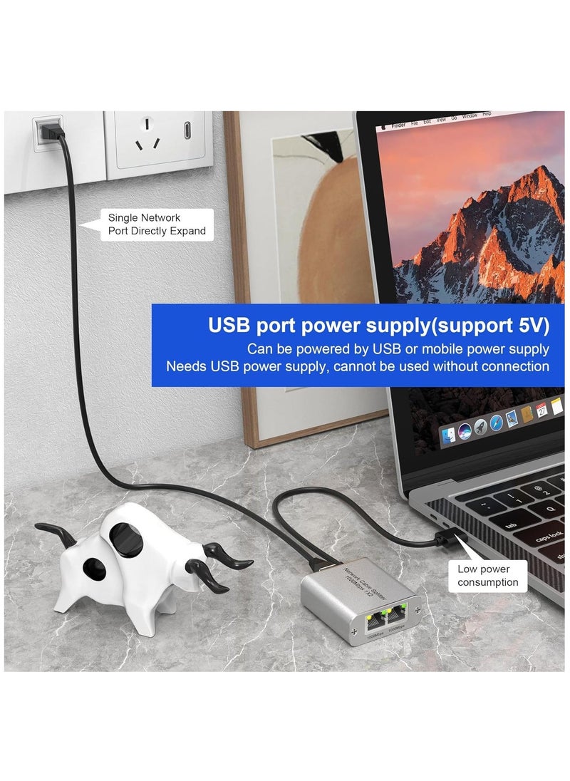 Ethernet Cable Splitter 1 to 2 with High-Speed 1000Mbps - Ethernet Splitter with USB Power Cable, Extra Ethernet Ports for Router, Cat 5/6 RJ-45 LAN Y-Splitterr[2 Devices Simultaneously Networking]