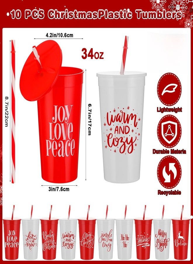 Sliner 10 Pcs 34 oz Christmas Tumbler with Straw Lid Winter Holiday Coffee Mug Cup Reusable Plastic Cup Xmas Joy Love Peace Believe School Classroom Rewards Party Supplies for Student from Teacher - Image 2