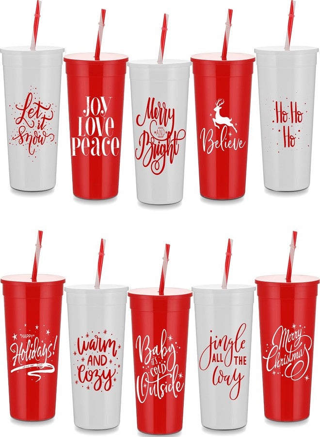 Sliner 10 Pcs 34 oz Christmas Tumbler with Straw Lid Winter Holiday Coffee Mug Cup Reusable Plastic Cup Xmas Joy Love Peace Believe School Classroom Rewards Party Supplies for Student from Teacher - Image 1