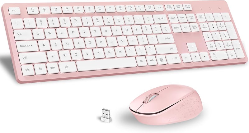 LeadsaiL Wireless Keyboard and Mouse Combo, Full-Sized Ergonomic Computer Keyboard, 2.4GHz Cordless Keyboard Silent Mouse Set with 2-in-1 USB Receiver, 12 FN Shortcuts for Windows Laptop, PC/Mac-Pink - Image 1