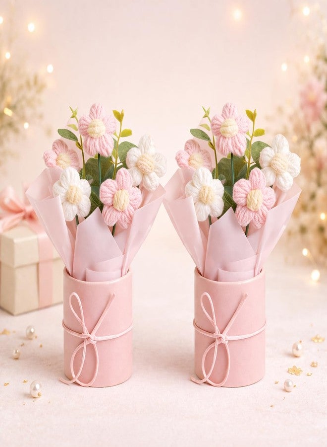 AEROSTARK Set of 2 Pink Crochet Flower Bouquet - Handmade Mini Knitted Daisy Flowers| Artificial Forever Flowers for Home Decor, Desk Decor, Birthday - Image 4