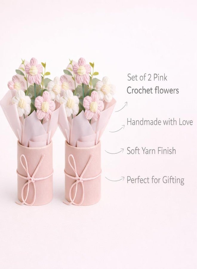 AEROSTARK Set of 2 Pink Crochet Flower Bouquet - Handmade Mini Knitted Daisy Flowers| Artificial Forever Flowers for Home Decor, Desk Decor, Birthday - Image 2