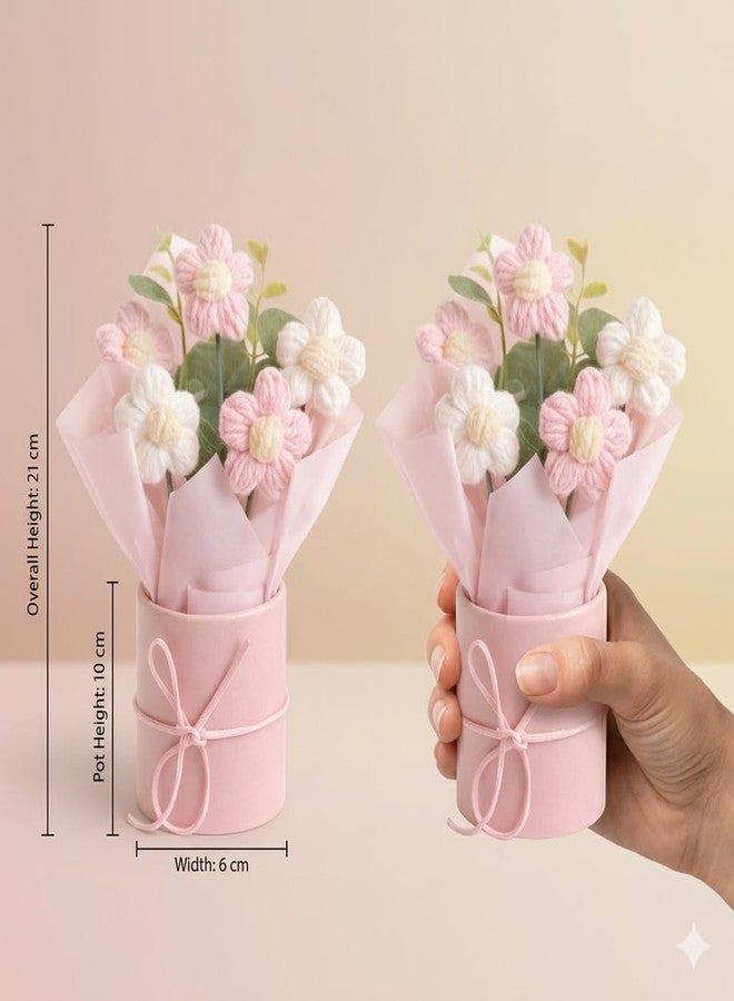 AEROSTARK Set of 2 Pink Crochet Flower Bouquet - Handmade Mini Knitted Daisy Flowers| Artificial Forever Flowers for Home Decor, Desk Decor, Birthday - Image 3
