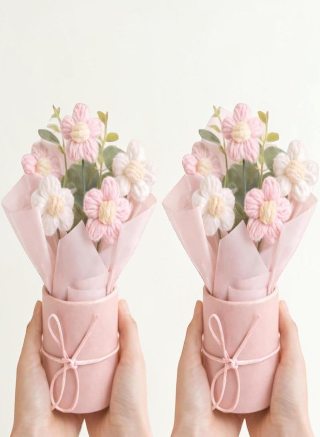 AEROSTARK Set of 2 Pink Crochet Flower Bouquet - Handmade Mini Knitted Daisy Flowers| Artificial Forever Flowers for Home Decor, Desk Decor, Birthday - Image 1