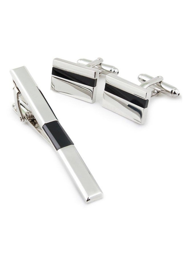 Peluche Debonair Silver Colored Cufflink And Tiepin Set For Men (Black-Silver) - Image 1