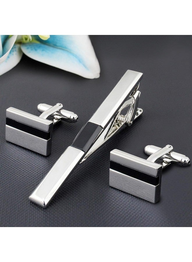Peluche Debonair Silver Colored Cufflink And Tiepin Set For Men (Black-Silver) - Image 2