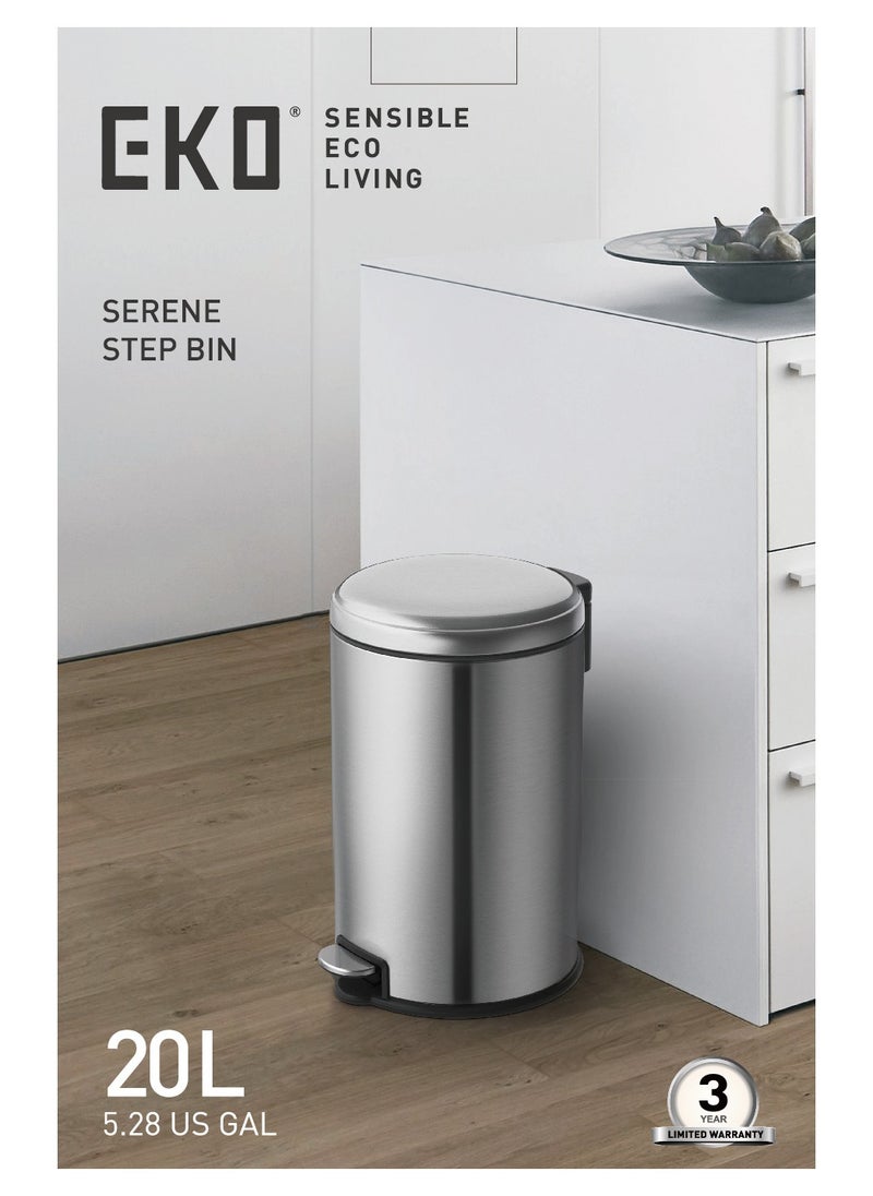 EKO - EKO 20L Pedal Bin Serene - Silver | Large Capacity Step Round Bin with Soft-Close Lid | Fingerprint-Resistant Finish | Removable Inner Liner | Bag Stabilizer - Image 1