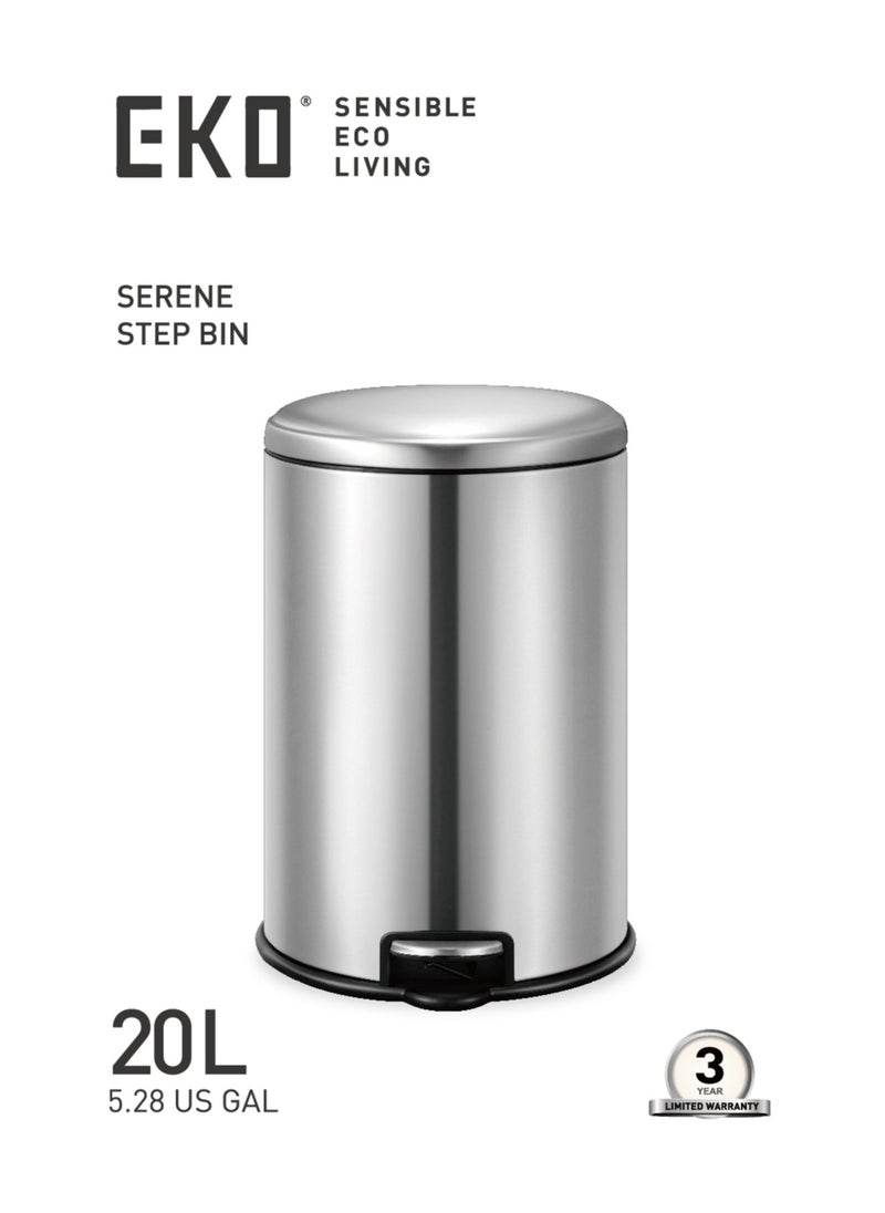 EKO - EKO 20L Pedal Bin Serene - Silver | Large Capacity Step Round Bin with Soft-Close Lid | Fingerprint-Resistant Finish | Removable Inner Liner | Bag Stabilizer - Image 1