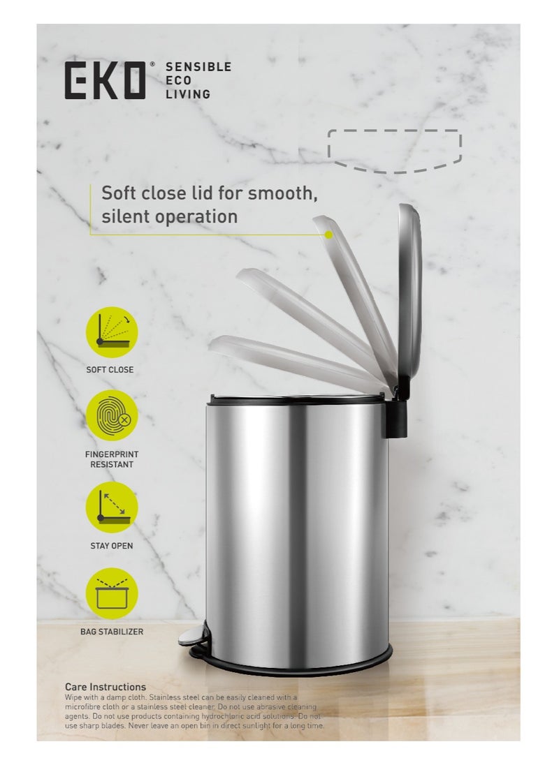 EKO - EKO 20L Pedal Bin Serene - Silver | Large Capacity Step Round Bin with Soft-Close Lid | Fingerprint-Resistant Finish | Removable Inner Liner | Bag Stabilizer - Image 1