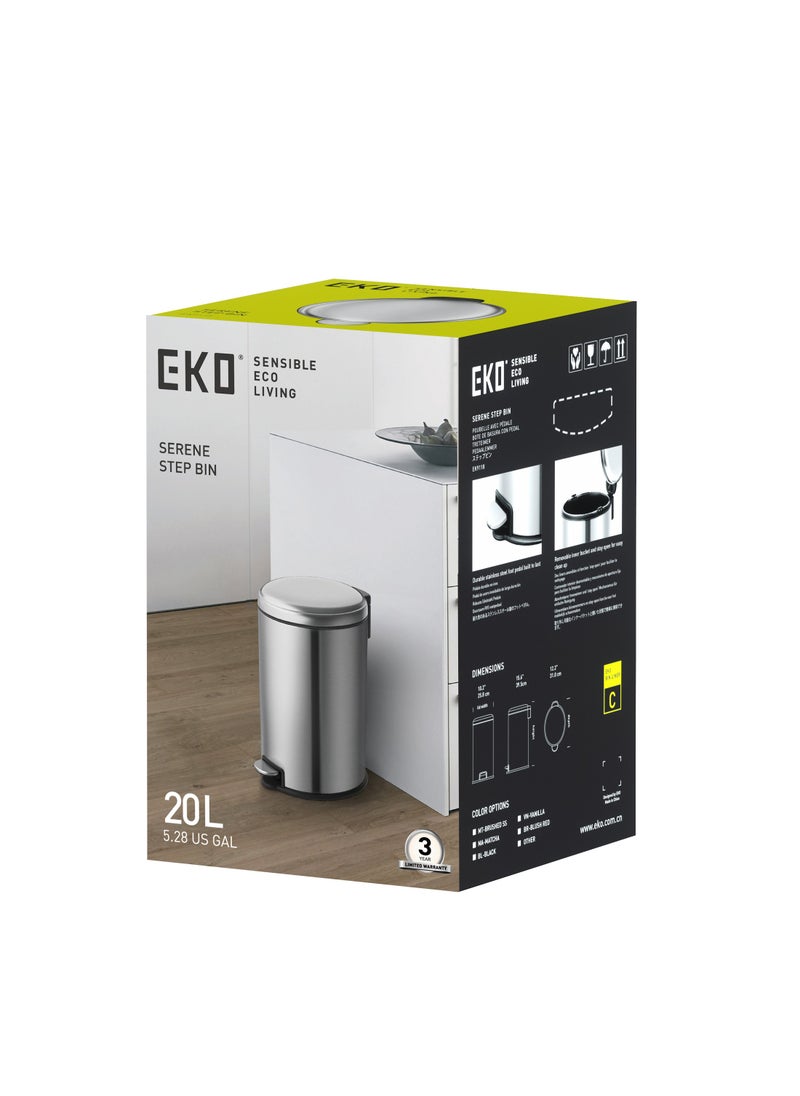 EKO - EKO 20L Pedal Bin Serene - Silver | Large Capacity Step Round Bin with Soft-Close Lid | Fingerprint-Resistant Finish | Removable Inner Liner | Bag Stabilizer - Image 1