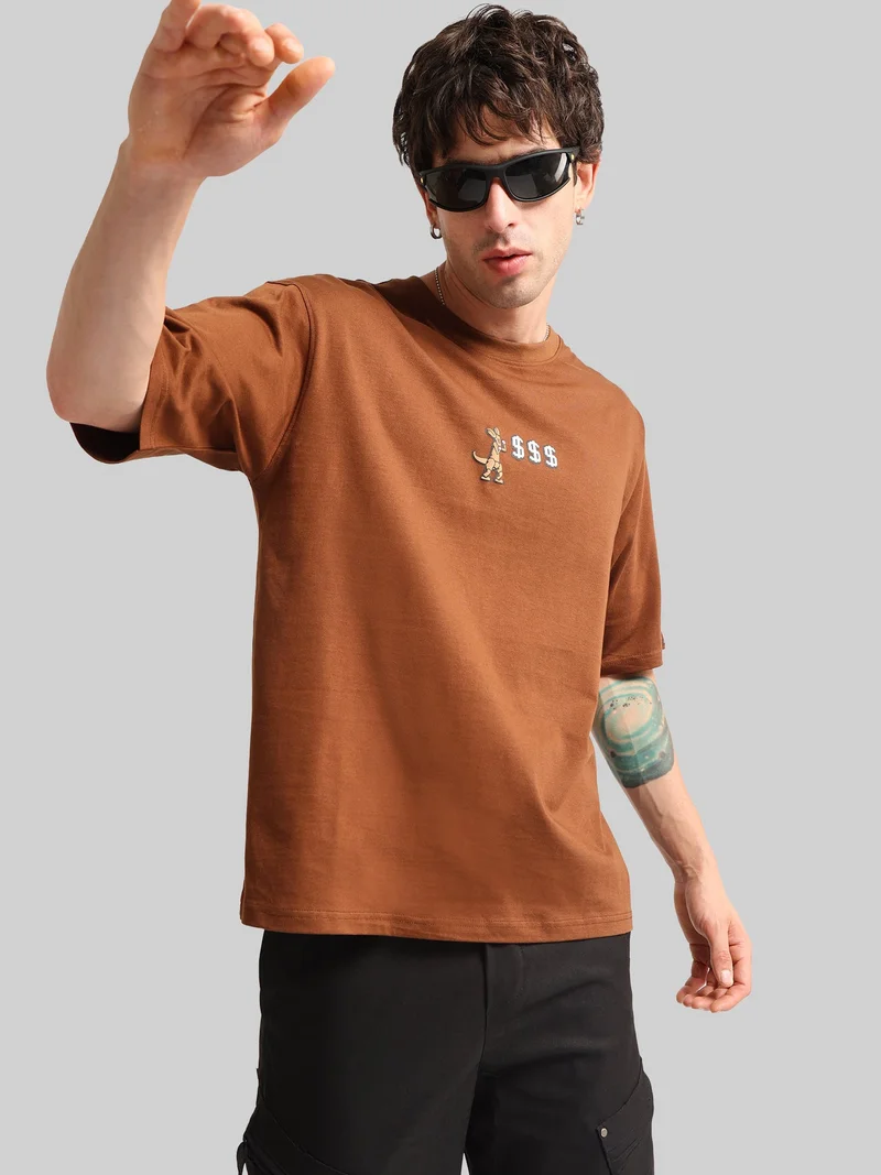 Maniac Maniac Mens Printed Round Neck Half Sleeve Brown and White Cotton T-Shirt
