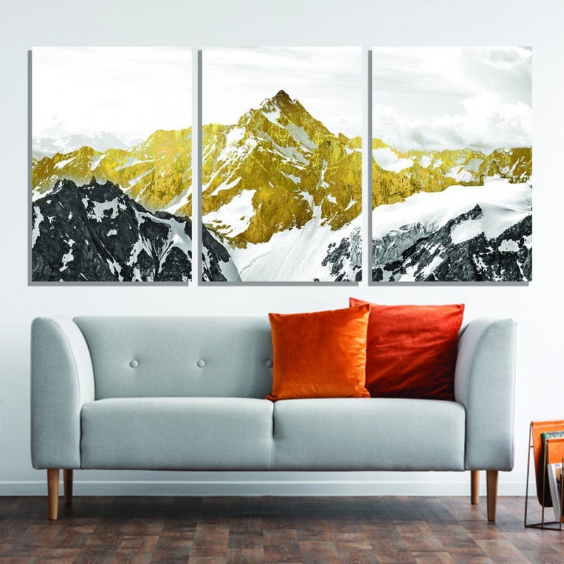 Marktna Three canvas panels with a mountain design and a hollow frame, measuring (150×70), three pieces - Image 1