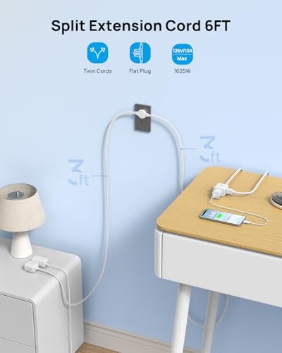 TROND Split Extension Cord with Flat Wall Plug, Twin 3ft on Each Side, Low-Profile Dual End 3 Outlets Extender, 1625W for Indoors Behind the Middle of Sofa Couch Bed TV Stand, Easy to Hide, White - Image 3