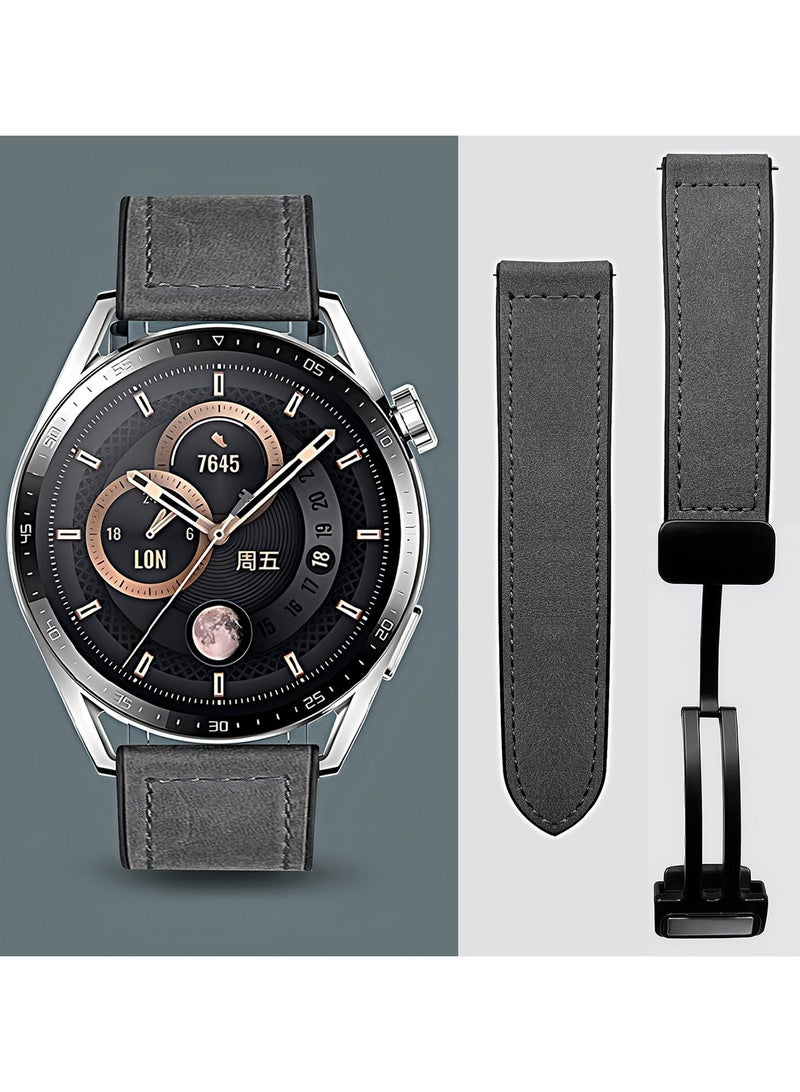 HL-Tech 22mm Leather Watch Strap with Magnetic Buckle Design, Compatible with Huawei GT3/4 46mm, GT3 Pro, Huawei Watch 3, GT2e, GT2 Pro, GT2 42/46mm, Samsung Galaxy Watch 3 45mm/Gear S3(Grey) - Image 2