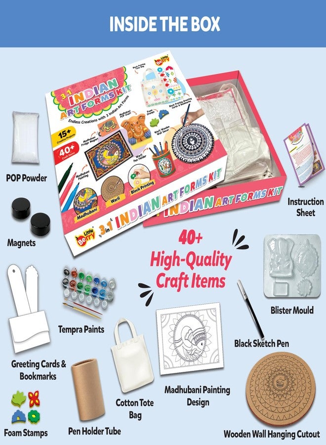 Little Berry Indian Art Forms Kits - 3 in 1 Indian Art Forms Kit | Learn Warli & Block Printing | DIY Art & Craft Kits with Drawing Kit & Colour Set for Kids 6-12 | Educational Gift for Girls & Boys - Image 2