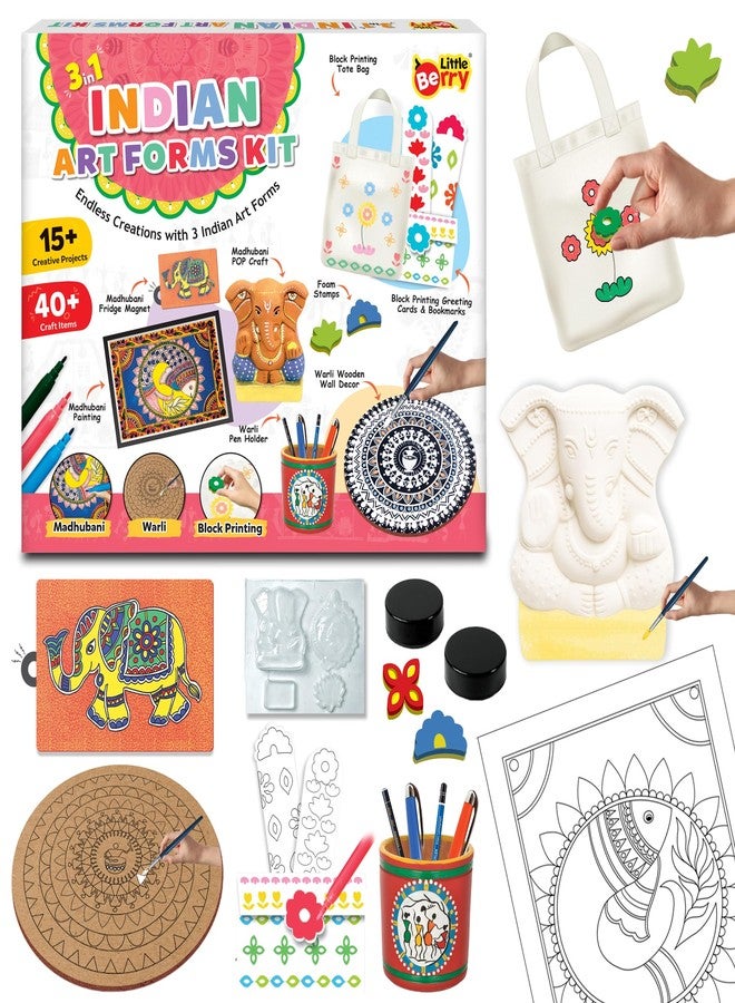 Little Berry Indian Art Forms Kits - 3 in 1 Indian Art Forms Kit | Learn Warli & Block Printing | DIY Art & Craft Kits with Drawing Kit & Colour Set for Kids 6-12 | Educational Gift for Girls & Boys - Image 1