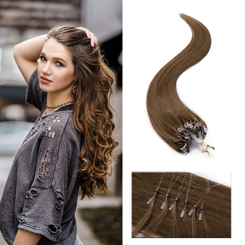 SEGO Micro Beads Hair Extensions Human Hair 14 Inch Light brown Micro Loop Human Hair Extensions Natural Straight Micro Ring Human Hair Extensions 50g 100 Strands Cold Fusion Hair Extension 6