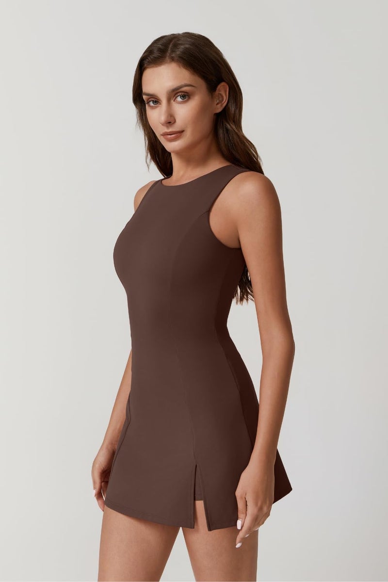 QINSEN Sport Dress for Women Sleeveless Workout Side Slit Tennis Dress with Inner Shorts Brown S - Image 5