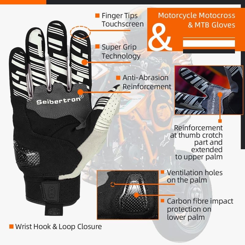 Seibertron SPS-2 Unisex Touchscreen Road Racing Motorcycle Gloves - Full Finger, White, Size M - Image 5