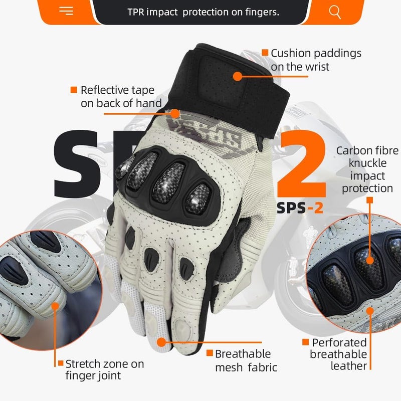Seibertron SPS-2 Unisex Touchscreen Road Racing Motorcycle Gloves - Full Finger, White, Size M - Image 4