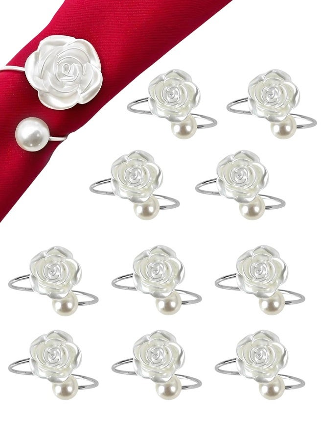 10Pcs Rose Pearl Napkin Buckle,Imitation Beaded White Napkin Rings for Formal Wedding Home Dinner Party Supplies - Image 1