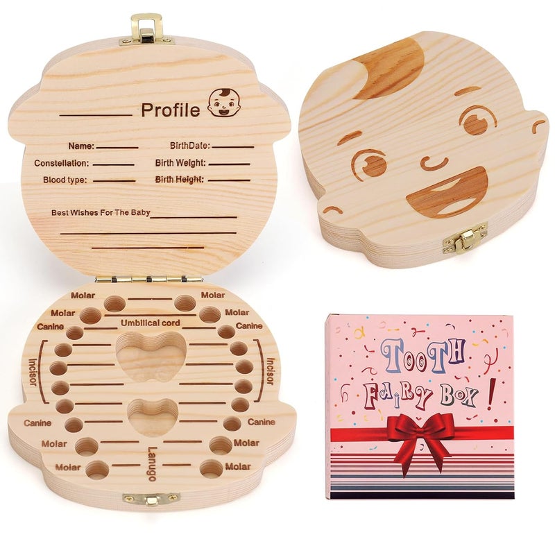 NASHRIO Baby Tooth Box Wooden Kids Keepsake Organizer Gift for Baby Teeth Cute Children Tooth Container with Tweezers to Keep the Childwood Memory Boy - Image 1
