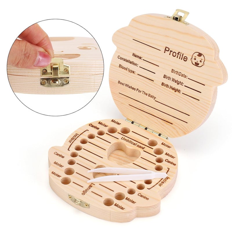 NASHRIO Baby Tooth Box Wooden Kids Keepsake Organizer Gift for Baby Teeth Cute Children Tooth Container with Tweezers to Keep the Childwood Memory Boy - Image 2