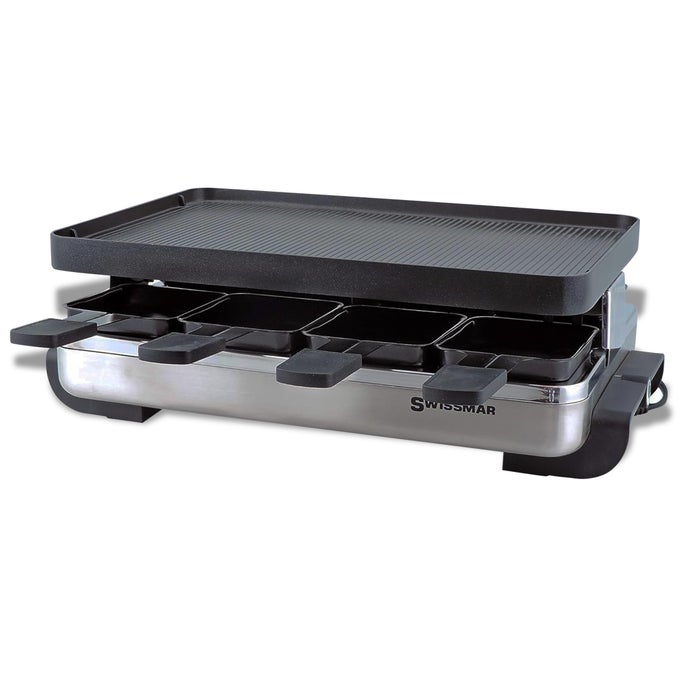 CLASSIC RACLETTE PARTY GRILL WITH REVERSIBLE CAST ALUMINUM NONSTICK GRILL PLATECREPE TOP OUTDOOR INDOOR ELECTRIC BBQ GRILL SAMGYUPSAL GRILLER BRUSHED STAINLESS STEEL 8PERSON