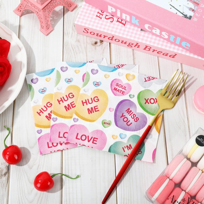 Whaline 80Pcs Valentine's Day Paper Napkins Conversation Heart Disposable Cocktail Napkins Colorful Beverage Napkins for Holiday Wedding Party Drink Table Decor 5 Inch - Image 4