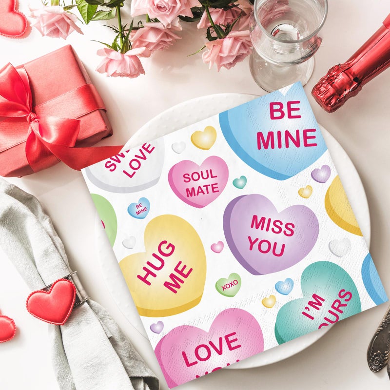Whaline 80Pcs Valentine's Day Paper Napkins Conversation Heart Disposable Cocktail Napkins Colorful Beverage Napkins for Holiday Wedding Party Drink Table Decor 5 Inch - Image 5
