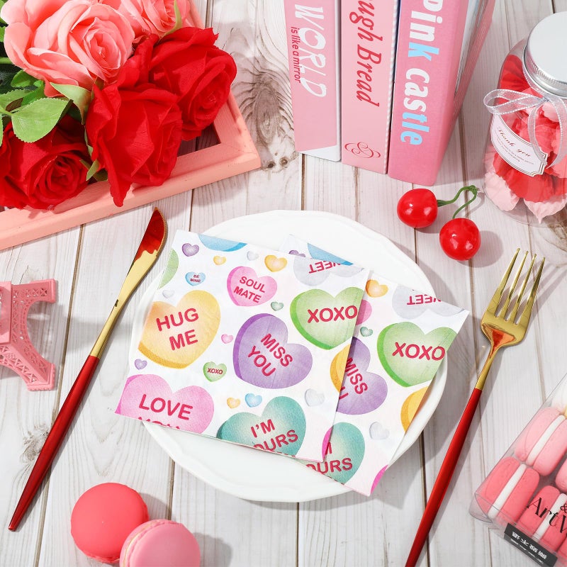 Whaline 80Pcs Valentine's Day Paper Napkins Conversation Heart Disposable Cocktail Napkins Colorful Beverage Napkins for Holiday Wedding Party Drink Table Decor 5 Inch - Image 3